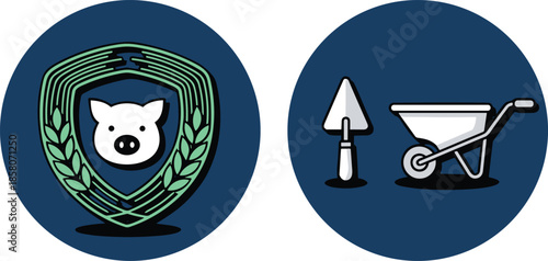 Modern farming and agriculture icons showing livestock protection, crop cultivation tools, sustainable agriculture concept in flat circular design