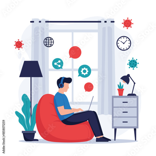 Freelancer works on his laptop while sitting in a comfortable red bean bag chair in a cozy home office environment.