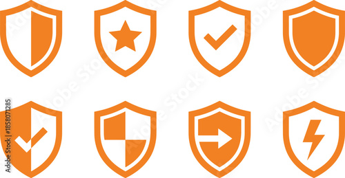 Orange shield protection icons set representing security, verification, safety approval, insurance and cybersecurity symbols in clean flat design