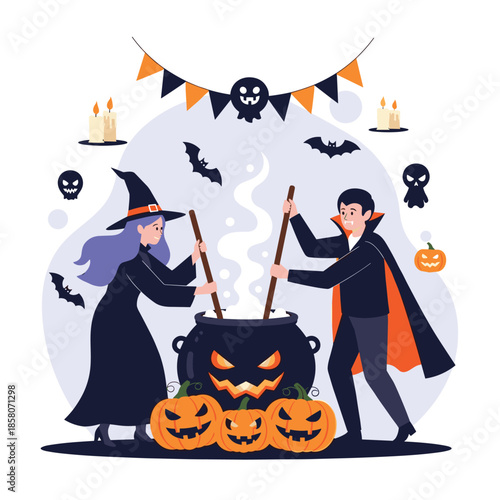 Young witch and a vampire collaborate to stir a large bubbling cauldron with green potion for a spooky Halloween night.
