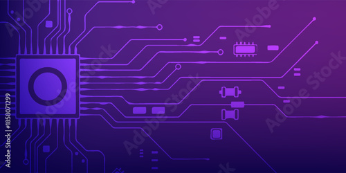 Futuristic Circuit Board With Purple Hue And Microchip Connections In Modern Electronics