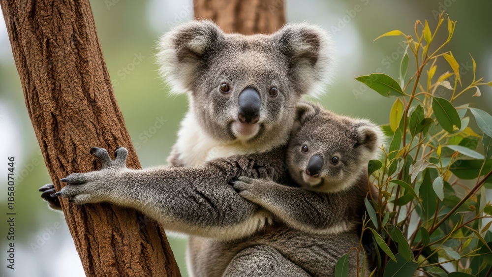 Fototapeta premium Koala mother and baby in eucalyptus tree: wildlife bonding in natural habitat