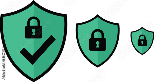 Green shield security icons with lock and checkmark showing verified protection, cybersecurity approval and safe access levels concept