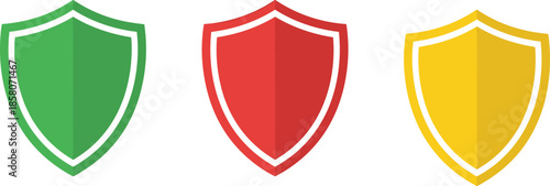 Colorful shield protection icon set in green, red, and yellow representing security, safety levels, defense systems, and risk status concepts