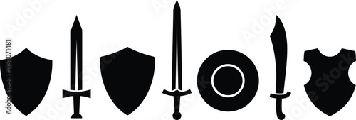 Minimal black medieval weapon and shield icon set featuring swords, armor, and defensive symbols isolated on white background