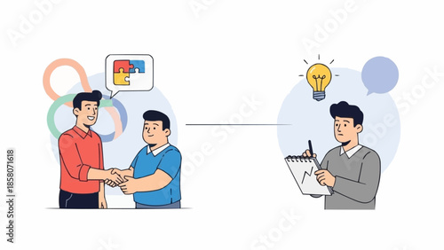 Two men shaking hands with a chart and a lightbulb representing ideas.
