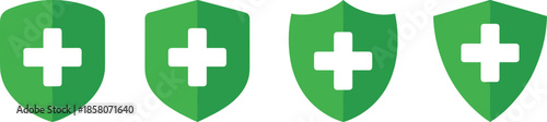Green medical shield icon set with white cross symbols representing healthcare protection, health insurance, medical safety, and emergency support concepts