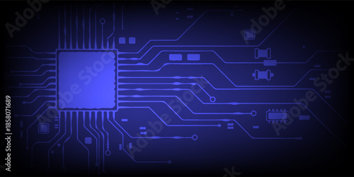 Blue Circuit Board Technology Background With Microchip And Modern Electronics Design