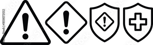 Warning and protection shield icons with exclamation marks and medical cross symbols for safety, alert and security concepts
