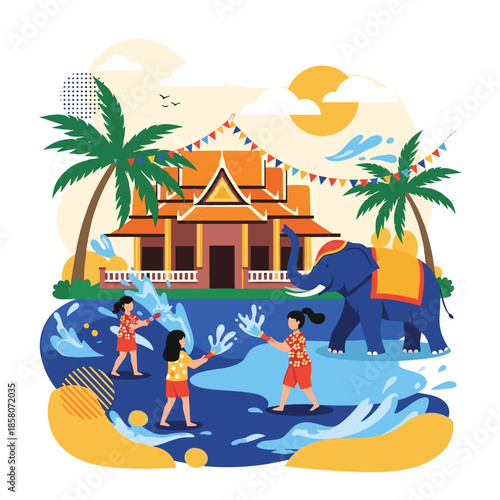 People celebrate the Songkran festival by splashing water near a Thai temple with a decorated elephant during the traditional new year.