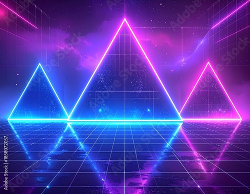 Glowing neon triangles over a grid with a galaxy background