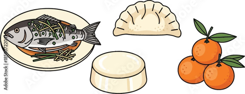 Illustration depicting a collection of traditional festive dishes and fruits often enjoyed during celebrations, presented on a white background.