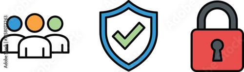 Team security and access control concept with user group, verified shield approval, and secure lock icon for digital protection systems