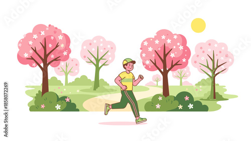 Illustration of a man jogging on a path through a park with blooming pink trees and a sunny sky.