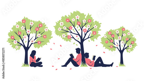 Illustration of people relaxing under trees with pink blossoms on a white background with a serene and peaceful mood.