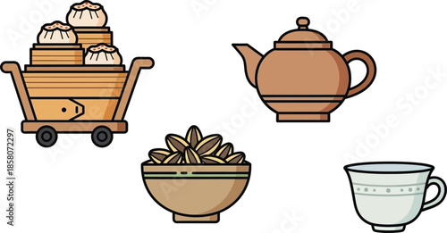 Asian inspired snack and tea time essentials illustration featuring dim sum, teapot, teacup, and sunflower seeds.