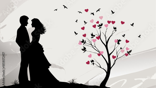 Couple embracing under heart tree isolated on white background