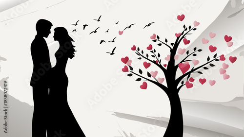 Couple embracing under heart tree, isolated on white background