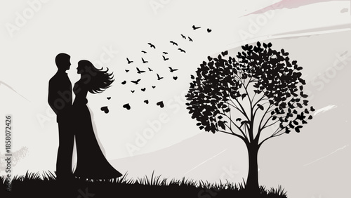 Couple silhouette with birds isolated on white background