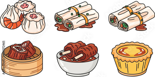 A delightful collection of traditional Asian dim sum and popular dishes, perfect for a diverse culinary experience illustration.