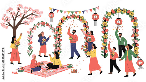 Vibrant illustration of people celebrating with floral arches, lanterns, and colorful decorations in a joyful outdoor setting with a lively atmosphere and bright tones.