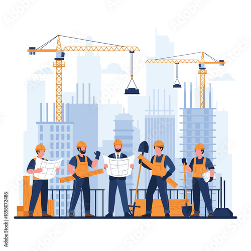 Construction site workers and engineers in safety gear planning a new building project with blueprints against a backdrop of city cranes.