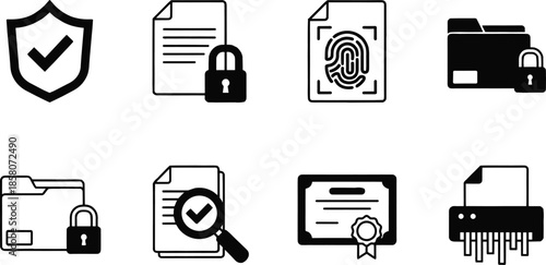 Black security document and data protection icon set featuring shield, fingerprint, locked files, verification, privacy, and cybersecurity concepts