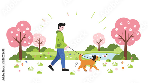 Illustration of a man walking a dog on a leash through a park with pink cherry blossom trees and colorful flowers.