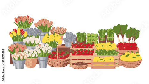Flat lay illustration of various colorful vegetables and flowers arranged in baskets and pots on a white background.