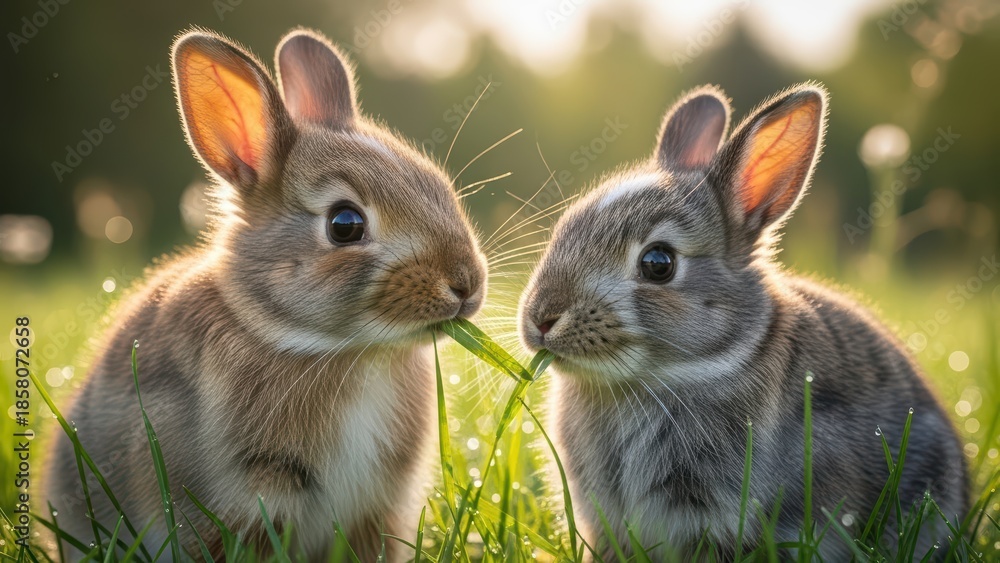 Obraz premium Two adorable bunnies sharing grass in sunlit meadow