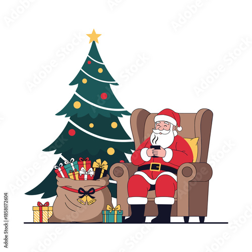 Santa Claus taking a relaxing break in a comfortable armchair next to a decorated Christmas tree and a sack full of holiday gifts.