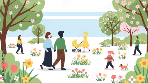 Illustration of a diverse group of people walking and playing in a vibrant park with blooming flowers and trees on a sunny day.