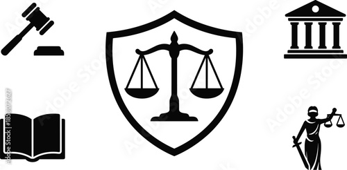 Justice and legal system icons set featuring scales of justice, law book, courthouse, judge gavel, and Lady Justice symbols