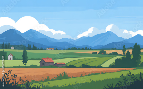 Illustration Rural Farm Landscape with Fields and Mountains