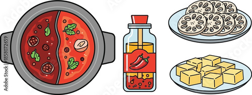 Illustration of a hot pot meal set: a split pot with broths, fresh tofu, lotus root, and chili oil.