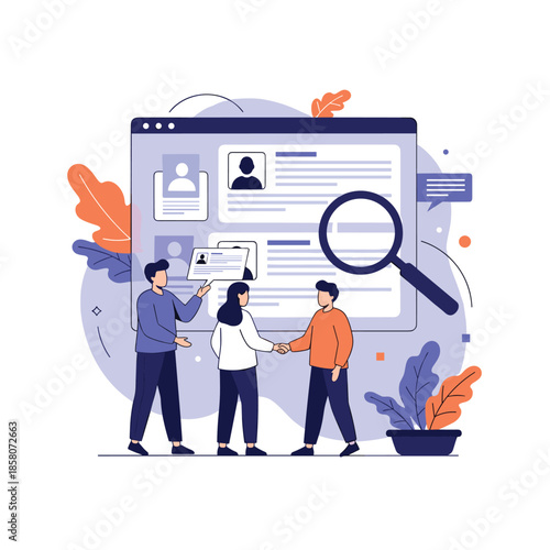 Recruitment and hiring process showing a successful handshake between candidates in front of a digital screen with professional profiles.