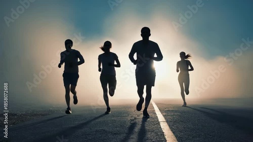 Silhouetted runners jog along a road at sunrise, surrounded by heavy morning mist and a glowing golden horizon, 4K video.