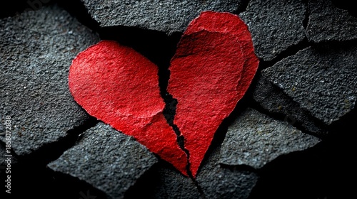 A vibrant red, fractured heart rests amid fragmented, textured gray stones, symbolizing heartbreak and emotional damage against a dark backdrop
