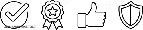 Minimal outline approval and trust icons set featuring check mark, award badge, thumbs up, and security shield symbols
