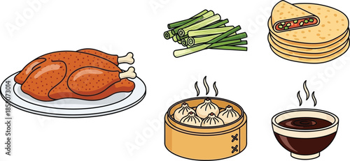 Overhead view of a traditional Asian meal spread featuring roasted poultry, steaming dumplings, savory pancakes, and fresh ingredients presented on a plain background.