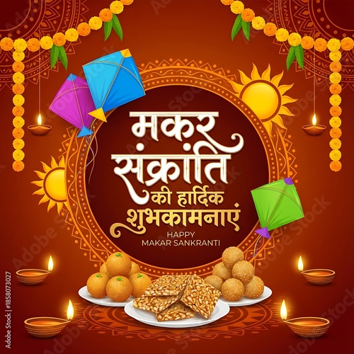 Happy Makar Sankranti Indian Harvest Festival Traditional Illustration