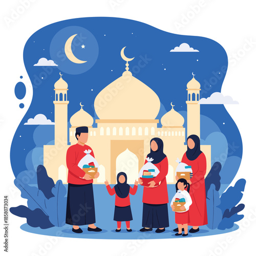 Muslim family wearing red outfits carrying charity boxes in front of a mosque at night under a crescent moon for Zakat or Eid.