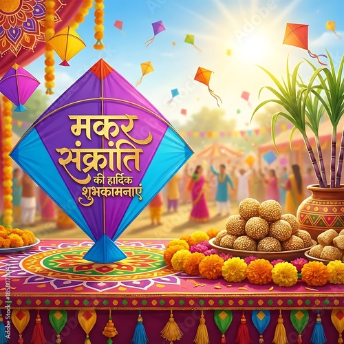 Makar Sankranti Greeting Design with Kites, Sun and Festive Elements