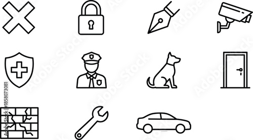 Security and protection outline icons set including lock, shield, police officer, guard dog, CCTV camera, door, car, and tools