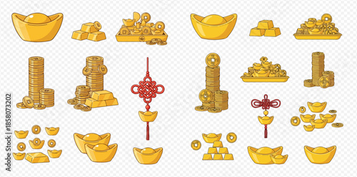 Chinese New Year gold ingots, coins, and traditional knot vector illustration set.