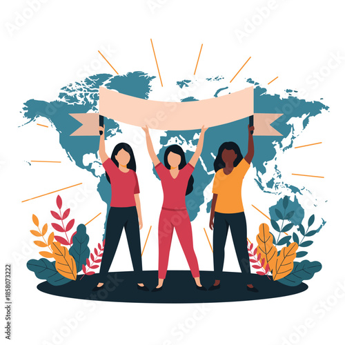 Group of diverse women holding a blank banner in front of a world map to celebrate International Women's Day and global equality.