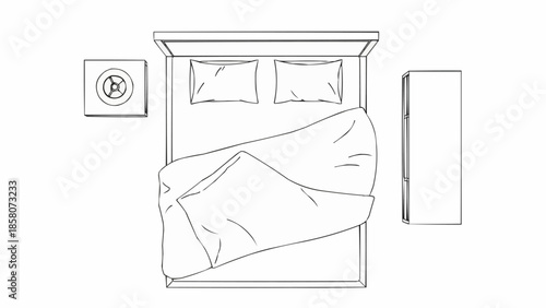 Top view sketch of a simple bed with pillows and blanket.