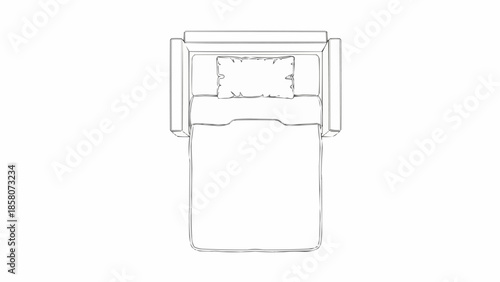 Top view sketch of a simple bed with pillow and blanket.
