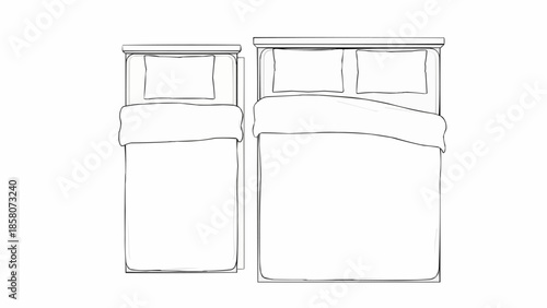 Top view sketch of a single bed and a double bed side by side.