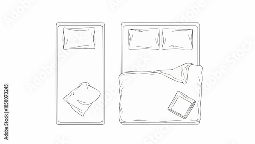 Top view sketch of two beds one single one double size.